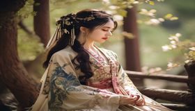 古风汉服写真新作，身着精美汉服的美女在古典园林中拍摄，意境悠远