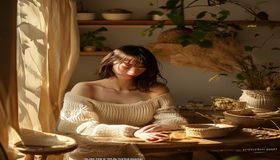 生活方式美学频道，温馨居家场景中美女展示生活美学，自然光线温暖氛围