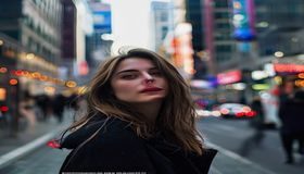 街拍风格内容专区，城市街头时尚美女街拍照片，背景为现代都市繁华街道